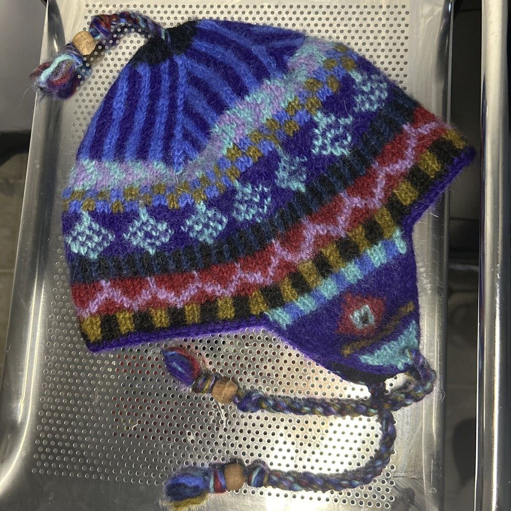 Handknit Fair Isle Winter Beanie with Earflaps Wool Nordic Pattern Purple Multi